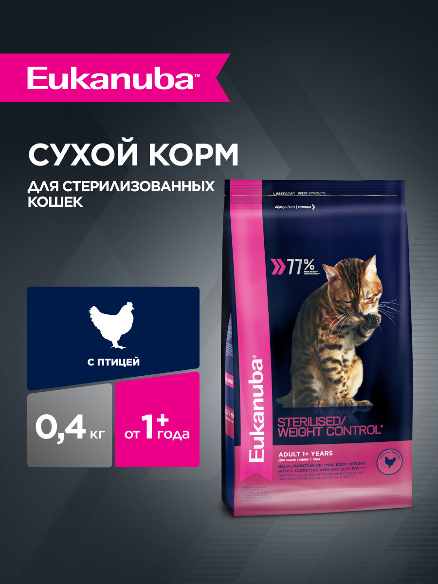 Сухой корм для стерилизованных кошек Eukanuba Adult Sterilised Weight Сontrol при склоности к избыточному весу, 0,4 кг