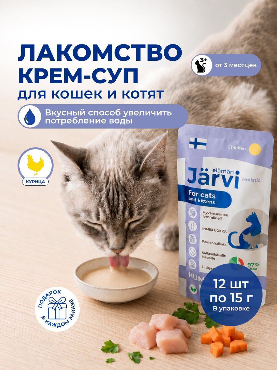 Лакомства Jarvi для кошек и котят "Крем-суп с филе курицы", 15 г х 12 шт.