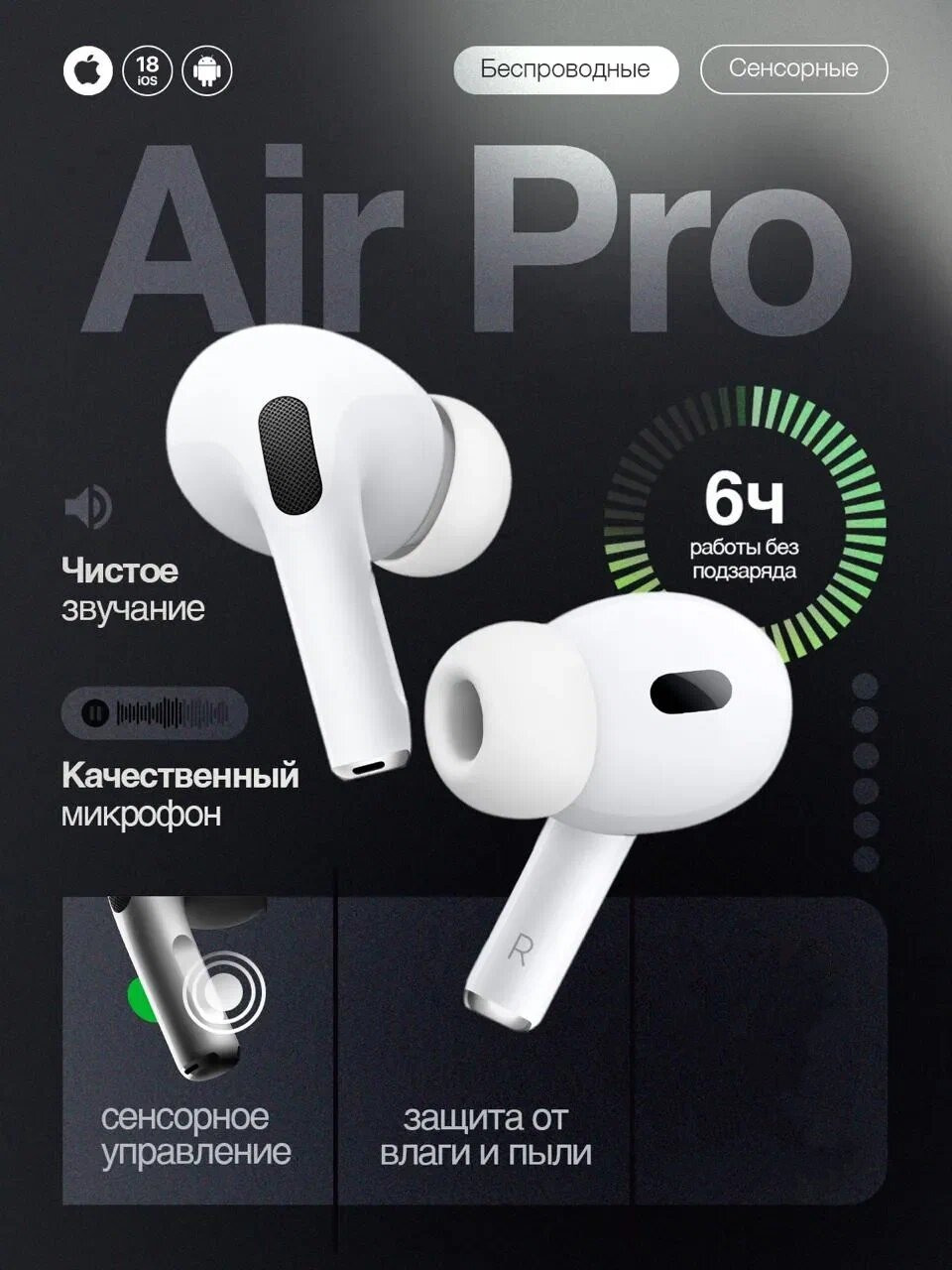 Наушники беспроводные для телефона айфон или андроид с микрофоном AIR PRO 2 TYPEC без ANC.